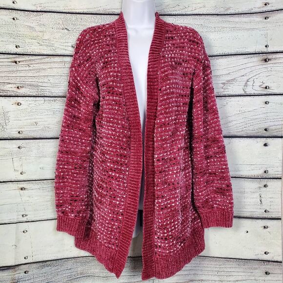 Maurices Women’s Medium Open Front Chenille Cardigan Sweater Pink Red Textured C - Picture 1 of 7